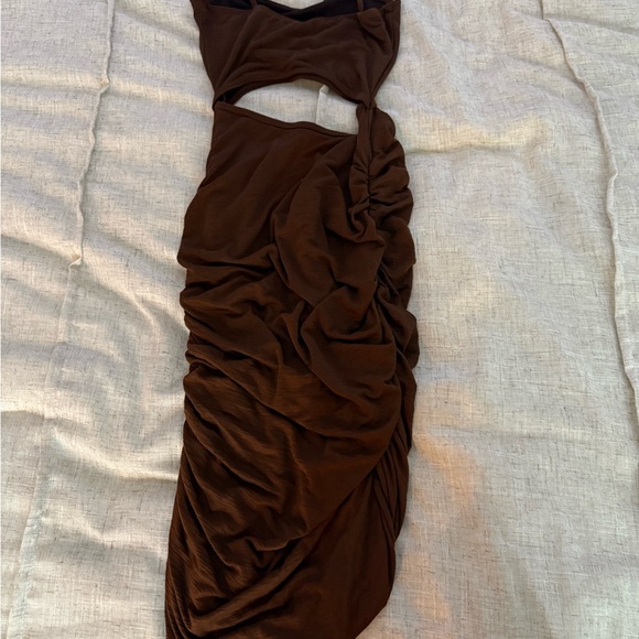 Windsor Brown Asymmetrical Cutout Ruched Bodycon Dress - Picture 2 of 6